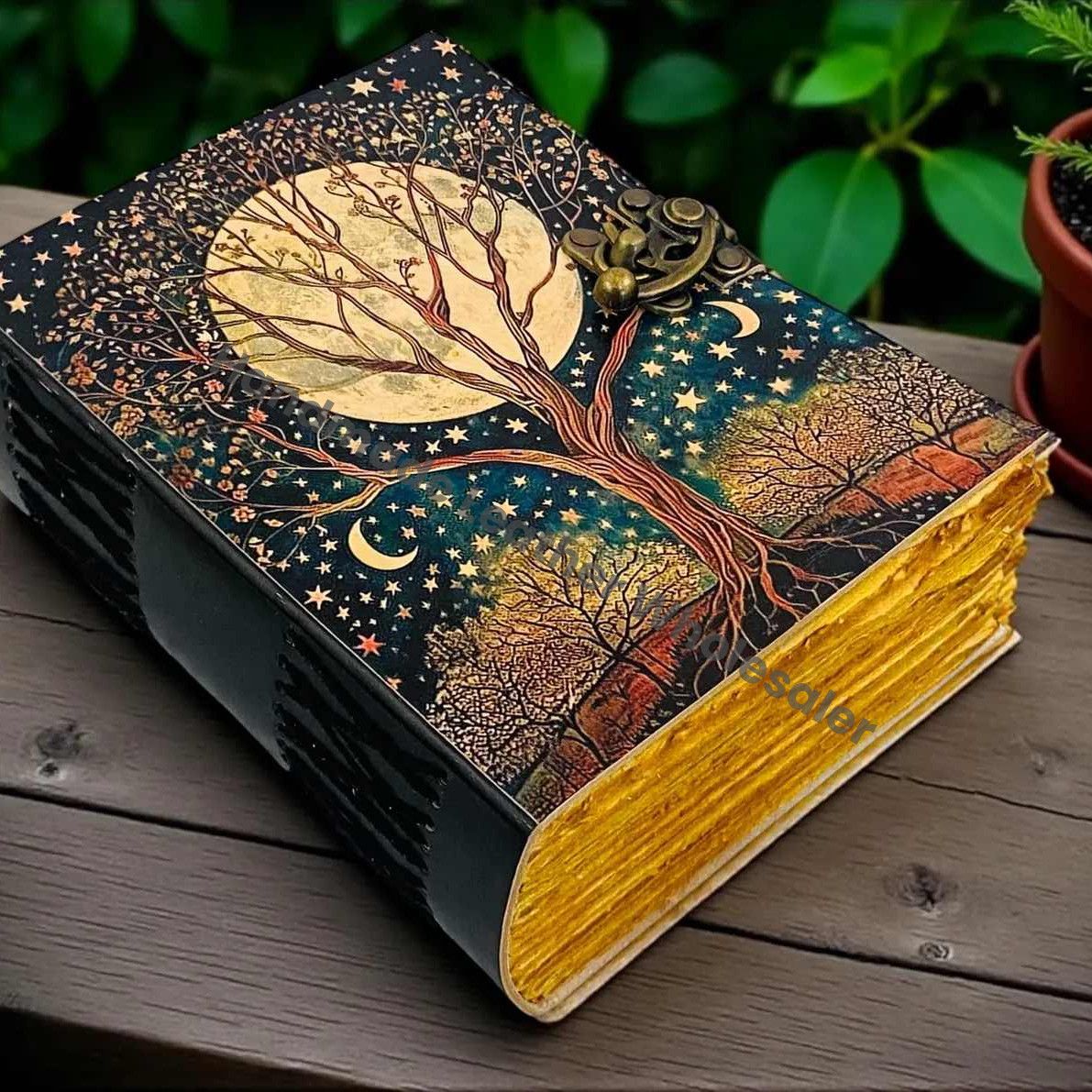 Tree of Life Leather Journal – Fairy Moon and Stars Grimoire Notebook – Witchy 200 or 400 Deckle Edge page Spell Book – Pagan Diary