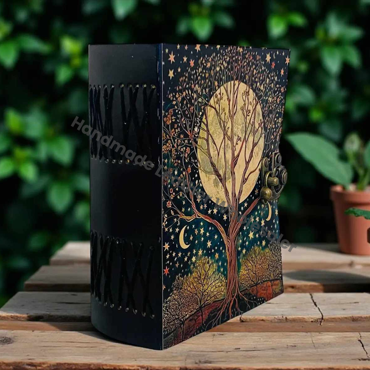 Tree of Life Leather Journal – Fairy Moon and Stars Grimoire Notebook – Witchy 200 or 400 Deckle Edge page Spell Book – Pagan Diary