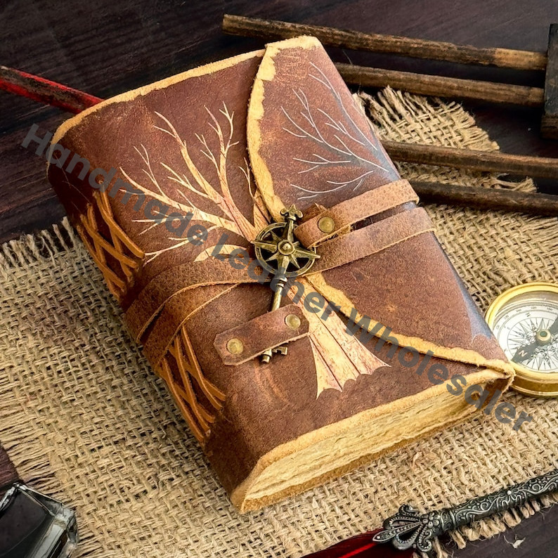 Tree of Life Leather Journal - Handmade Deckle Edge Paper, Book of Shadows