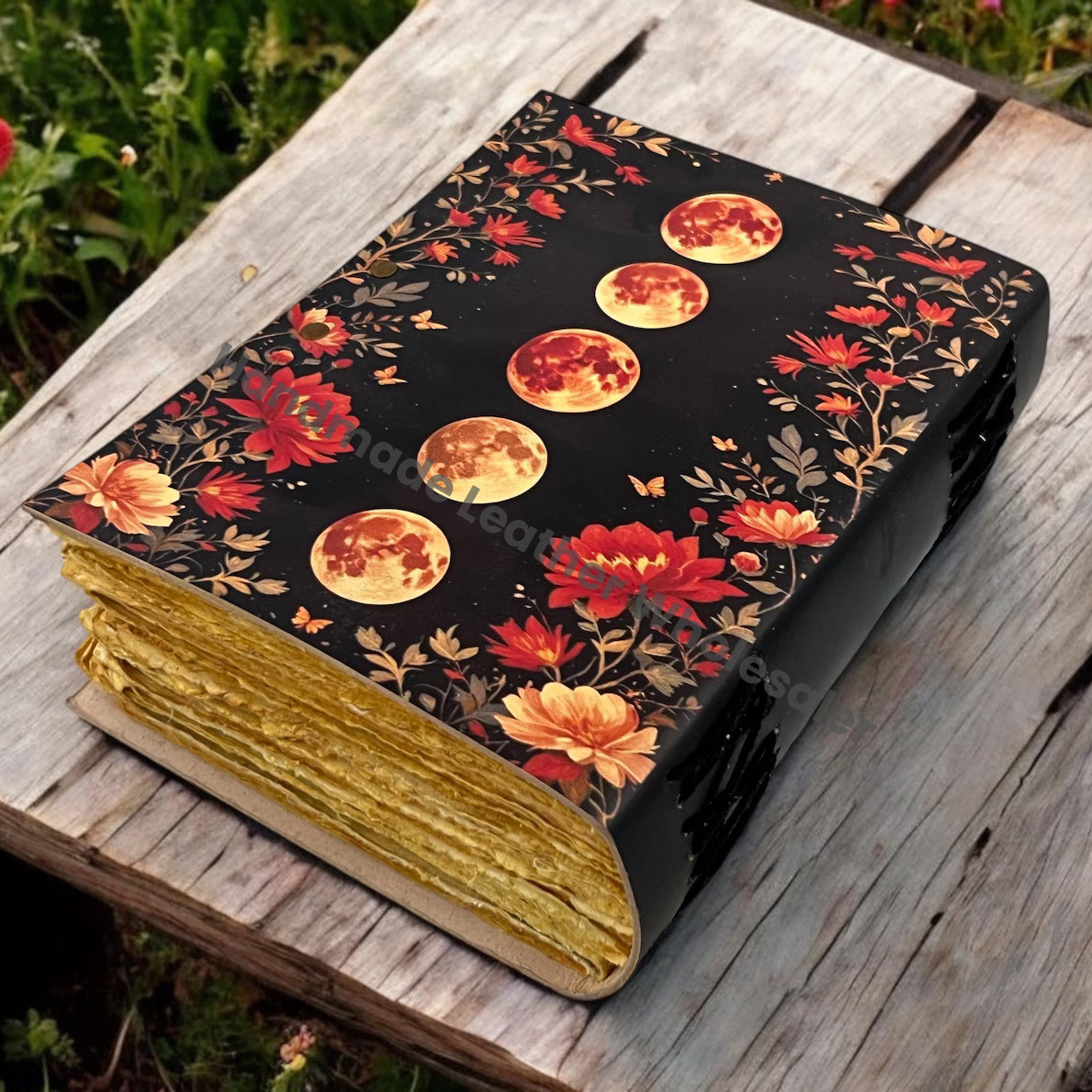 Large Grimoire Vintage leather journal, Moon Phase Fat Journal, Blank spell book of shadows