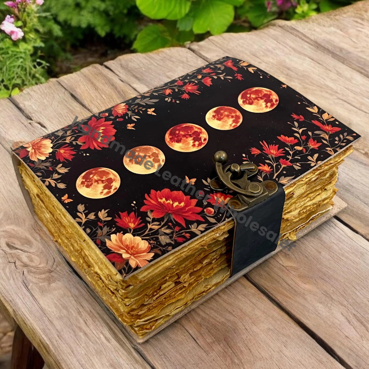 Large Grimoire Vintage leather journal, Moon Phase Fat Journal, Blank spell book of shadows