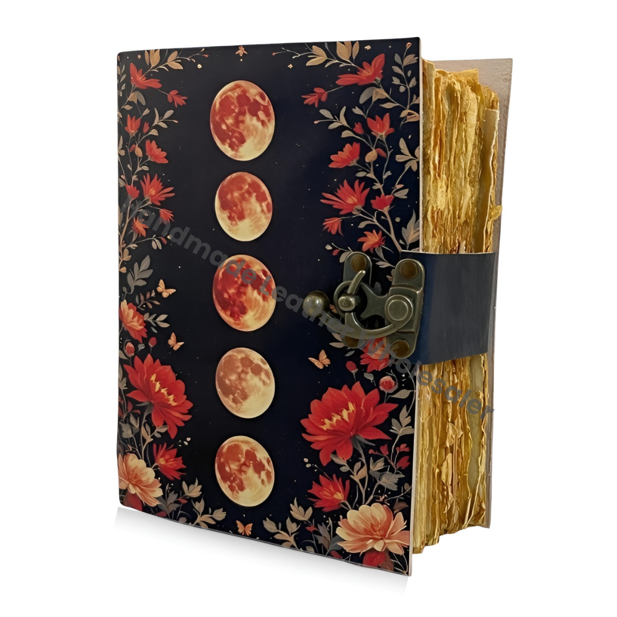 Large Grimoire Vintage leather journal, Moon Phase Fat Journal, Blank spell book of shadows