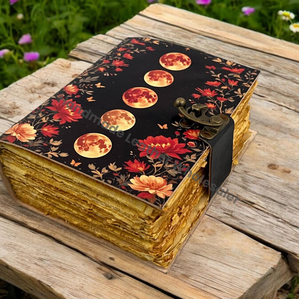 Large Grimoire Vintage leather journal, Moon Phase Fat Journal, Blank spell book of shadows