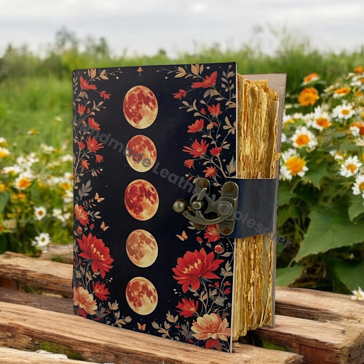 Large Grimoire Vintage leather journal, Moon Phase Fat Journal, Blank spell book of shadows