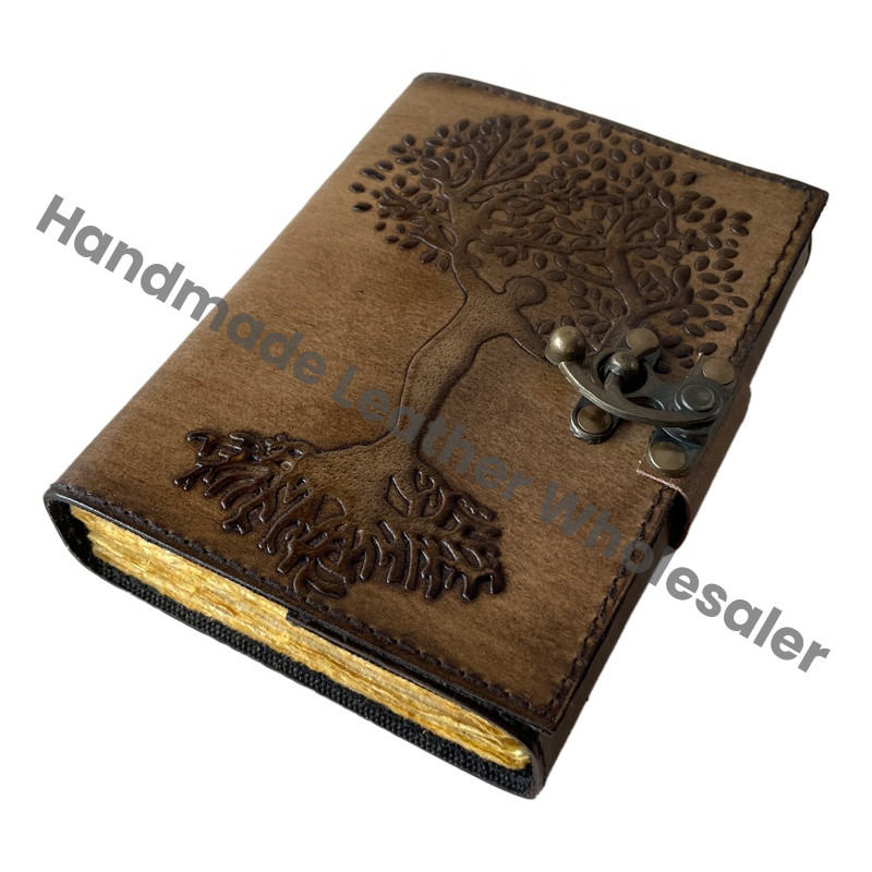 Women's Leather Journal Cotton Paper Tree Life Embossed Cover Thermal Bound Custom Logo Recyclable Handmade