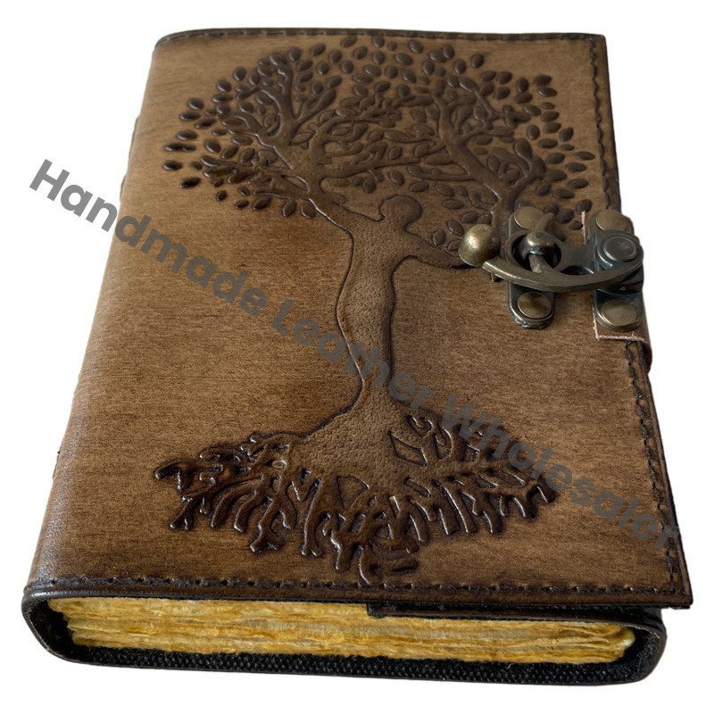 Women's Leather Journal Cotton Paper Tree Life Embossed Cover Thermal Bound Custom Logo Recyclable Handmade