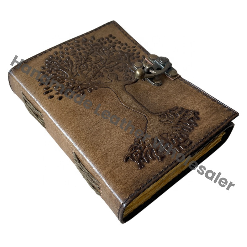 Women's Leather Journal Cotton Paper Tree Life Embossed Cover Thermal Bound Custom Logo Recyclable Handmade