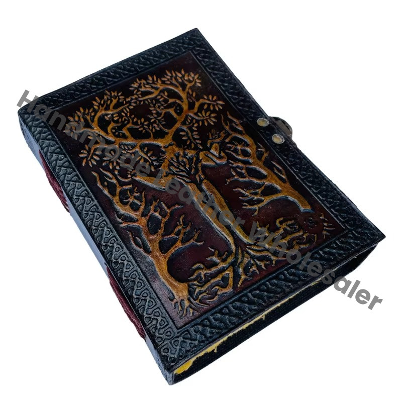 Tree of Life with Man Antique Embossed Hardcover Leather Journal Metal Closure Yellow Vintage Guest Book Handmade Paper Gift
