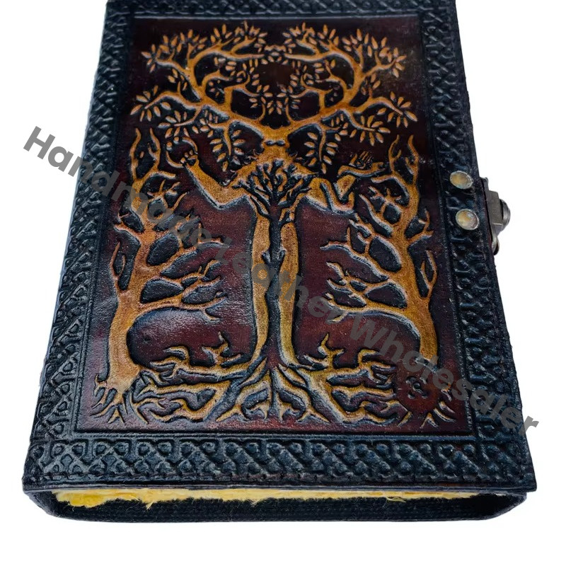 Tree of Life with Man Antique Embossed Hardcover Leather Journal Metal Closure Yellow Vintage Guest Book Handmade Paper Gift