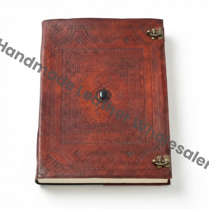 Triple Moon Leather Grimoire Journal – Handmade Book of Shadows, Vintage Lock Witchcraft Spellbook, Wiccan Pagan Occult Diary, Gothic Gift