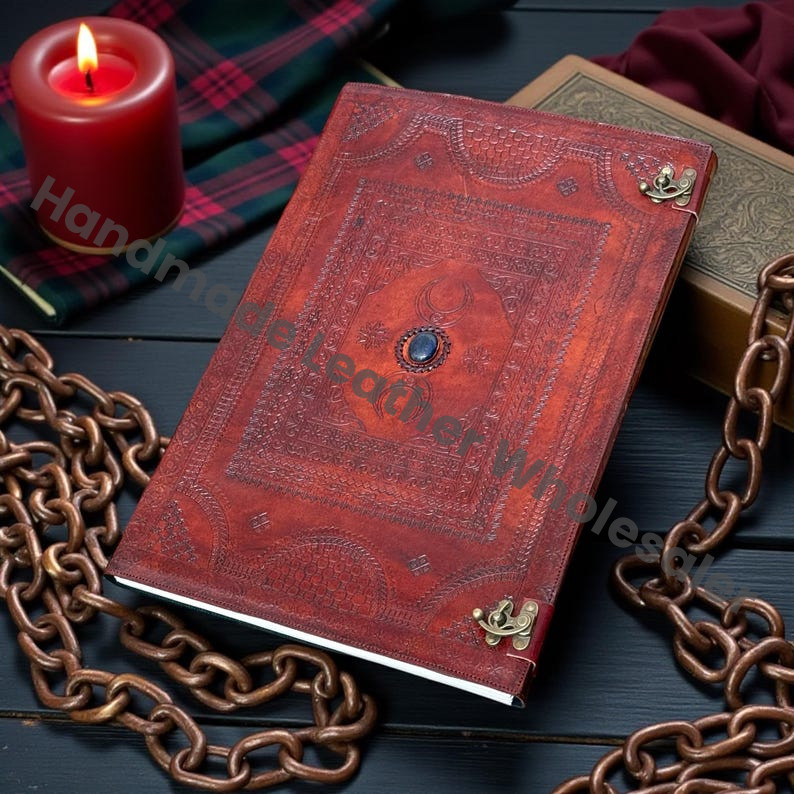 Triple Moon Leather Grimoire Journal – Handmade Book of Shadows, Vintage Lock Witchcraft Spellbook, Wiccan Pagan Occult Diary, Gothic Gift