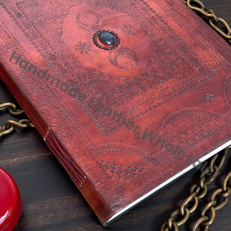 Triple Moon Leather Grimoire Journal – Handmade Book of Shadows, Vintage Lock Witchcraft Spellbook, Wiccan Pagan Occult Diary, Gothic Gift