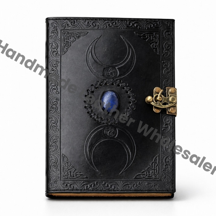 Triple Moon Leather Journal, Lapis Lazuli Stone, Deckle Edge Paper