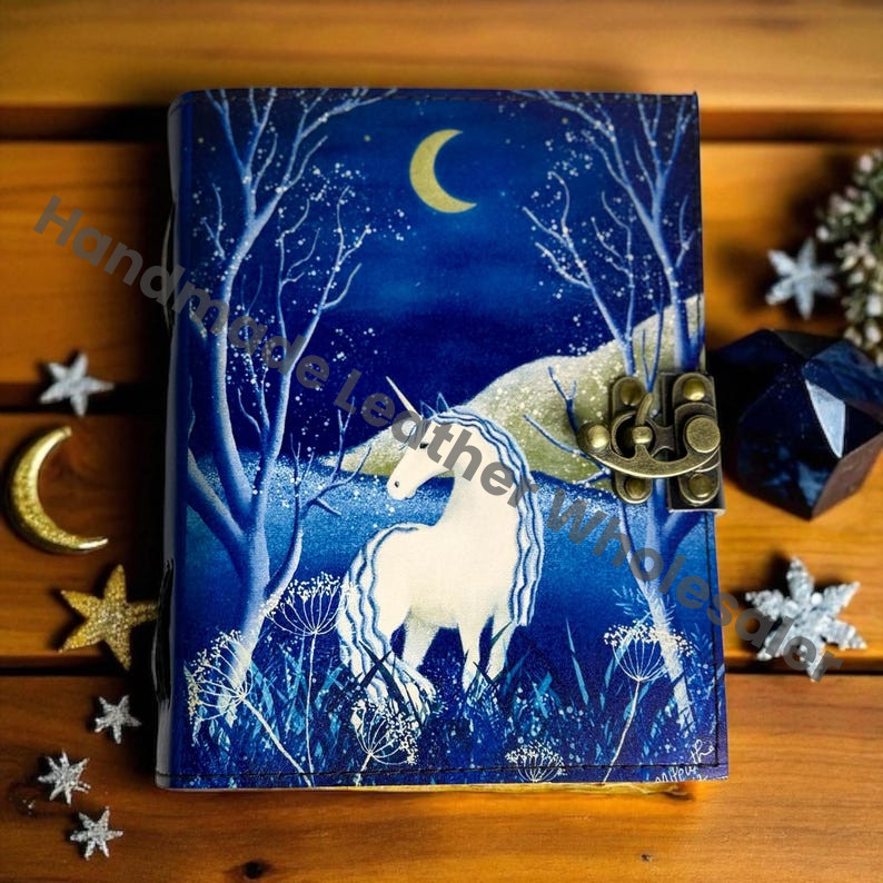 Unicorn Leather Grimoire – Celestial Spell Book of Shadows, Witchcraft Spellbook, Wiccan Pagan Gothic Witchy Magic Gift