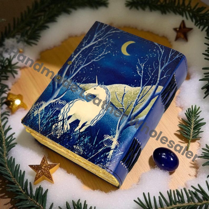 Unicorn Leather Grimoire – Celestial Spell Book of Shadows, Witchcraft Spellbook, Wiccan Pagan Gothic Witchy Magic Gift
