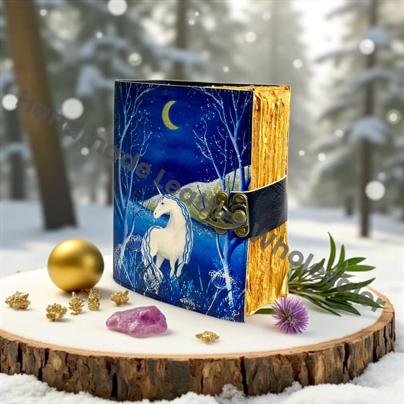 Unicorn Leather Grimoire – Celestial Spell Book of Shadows, Witchcraft Spellbook, Wiccan Pagan Gothic Witchy Magic Gift