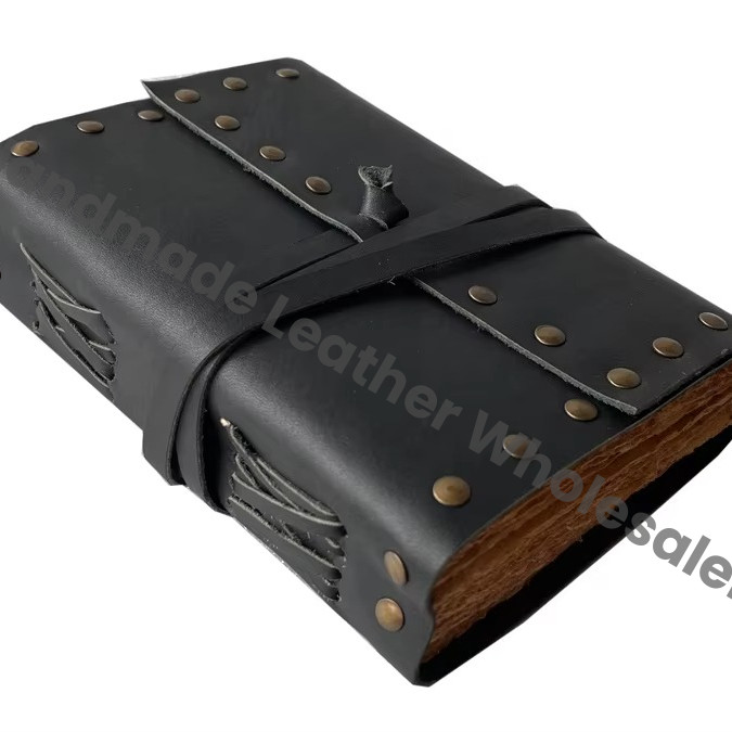 Unisex Handmade Black Vintage Bound Leather Journal Book of Shadows Spells Wrap Thermal Binding Deckle Paper Writing Gifts