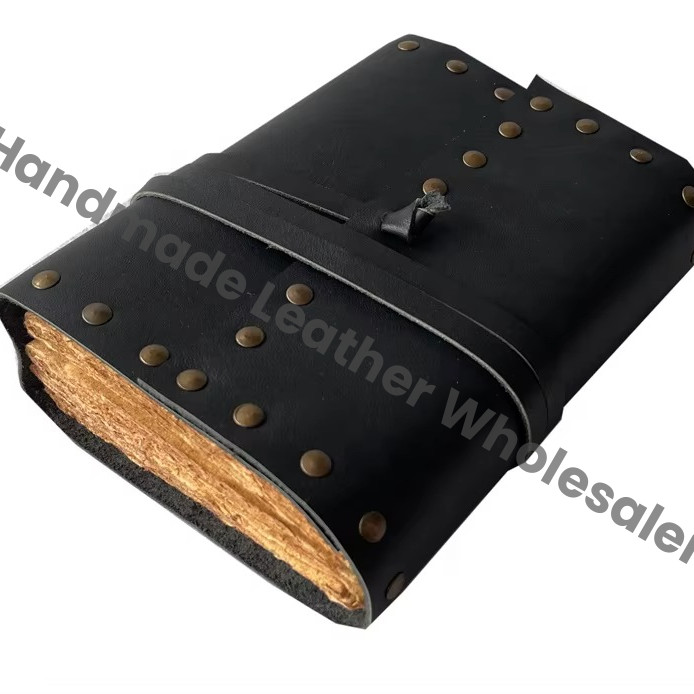Unisex Handmade Black Vintage Bound Leather Journal Book of Shadows Spells Wrap Thermal Binding Deckle Paper Writing Gifts