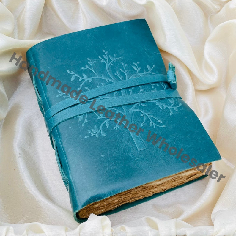 Vintage Blue Leather Journal: Tree of Life Embossed, Deckle Edge Paper