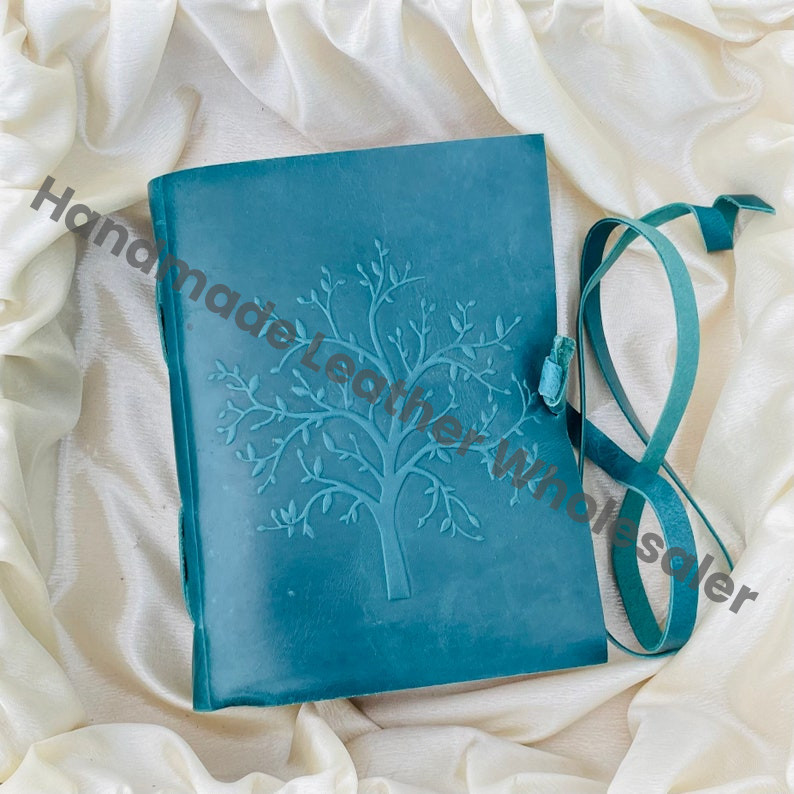 Vintage Blue Leather Journal: Tree of Life Embossed, Deckle Edge Paper