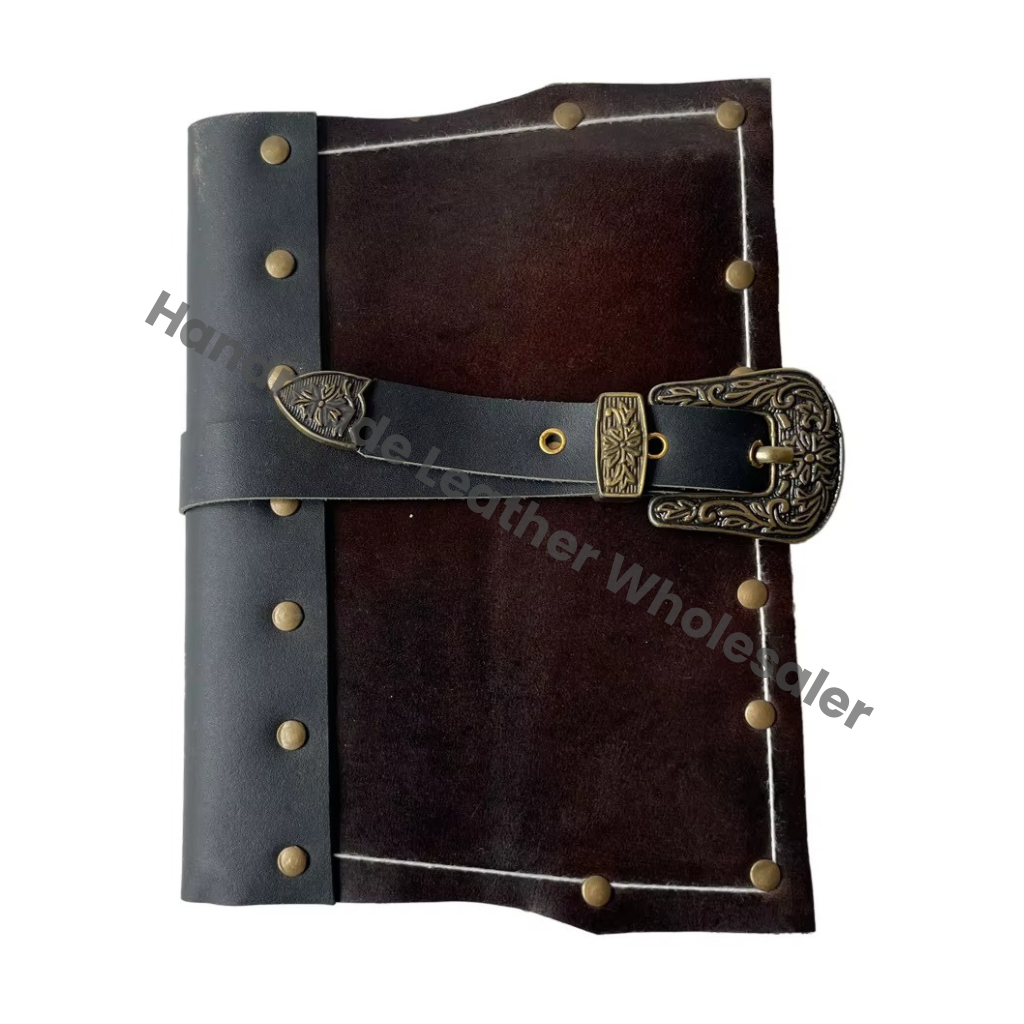 Vintage Book Shadows Saddle Stitching Genuine Leather Address Book Customized Logo Eco-friendly Paper Brass Notebook