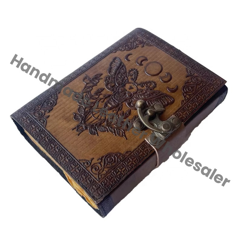 Vintage Book Spell Leather Hardcover Journal Charmed Antique Charcoal Sun Moon Handmade Deckle Edge Paper Embossed Gift