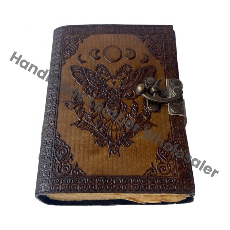Vintage Book Spell Leather Hardcover Journal Charmed Antique Charcoal Sun Moon Handmade Deckle Edge Paper Embossed Gift