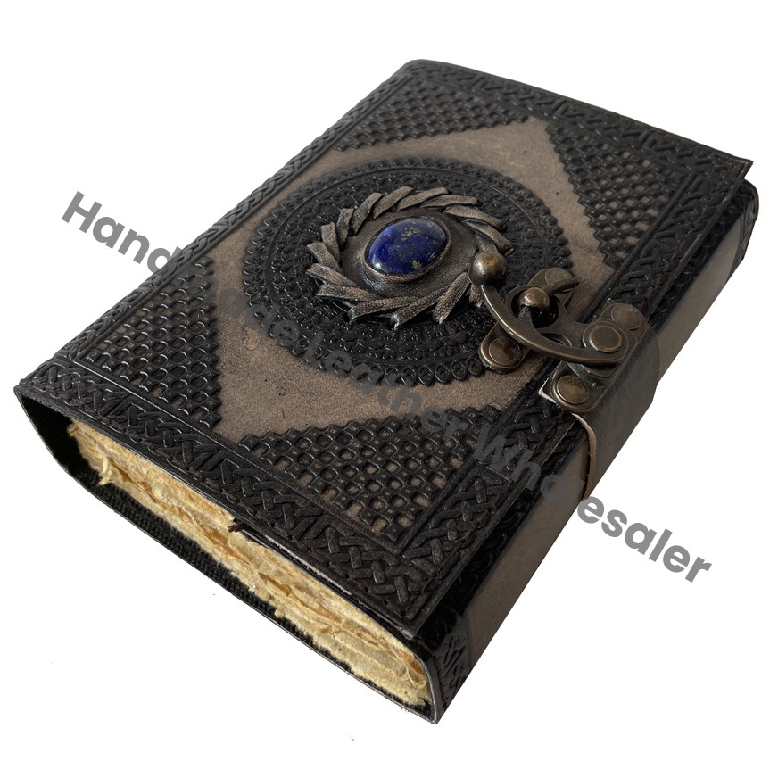 Vintage Charcoal Leather Journal Semi-Precious Stone Lock Handmade Deckle Paper Custom Logo Gift Wiccan Diary Planner