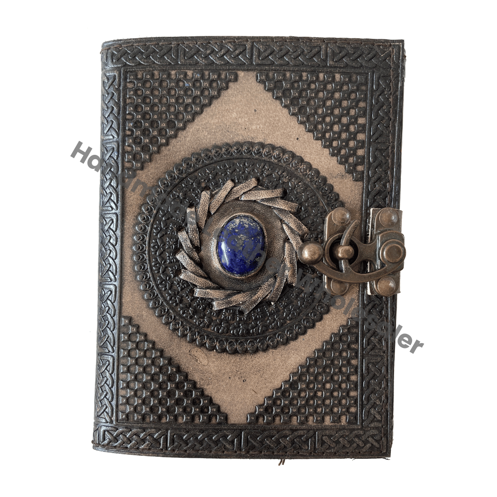 Vintage Charcoal Leather Journal Semi-Precious Stone Lock Handmade Deckle Paper Custom Logo Gift Wiccan Diary Planner