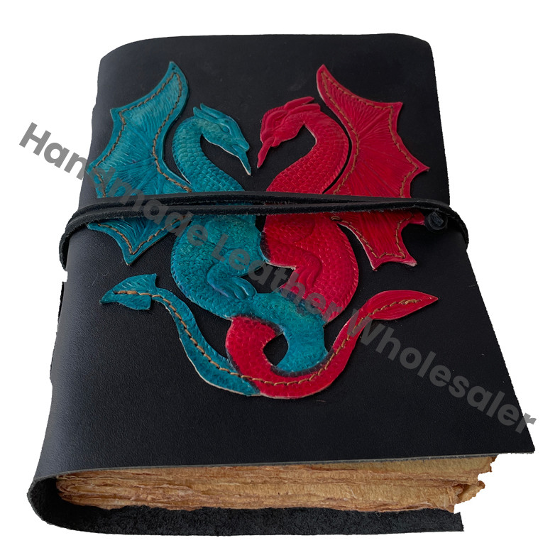 Vintage Double Dragon Leather Journal Deckle Edge Handmade Paper Notebook Spiral Binding Leather Cover Gift Planner Wholesaler