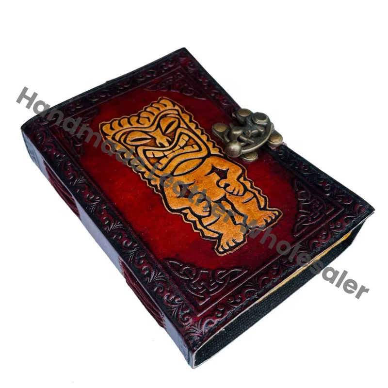 Vintage Genuine Tiki man Leather Hardcover Journal Planner Deckle Edge Paper Custom Logo Recyclable Gift Travel Office Use