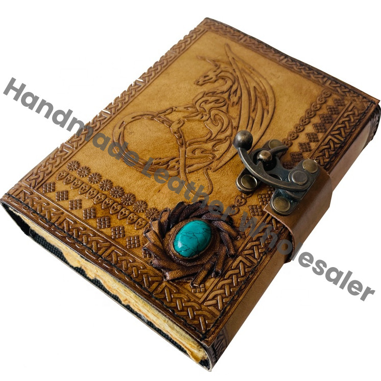 Vintage Handmade Large Embossed Leather Journal Dragon Personal Diary Notebook Journal Gift Dragon with Stone