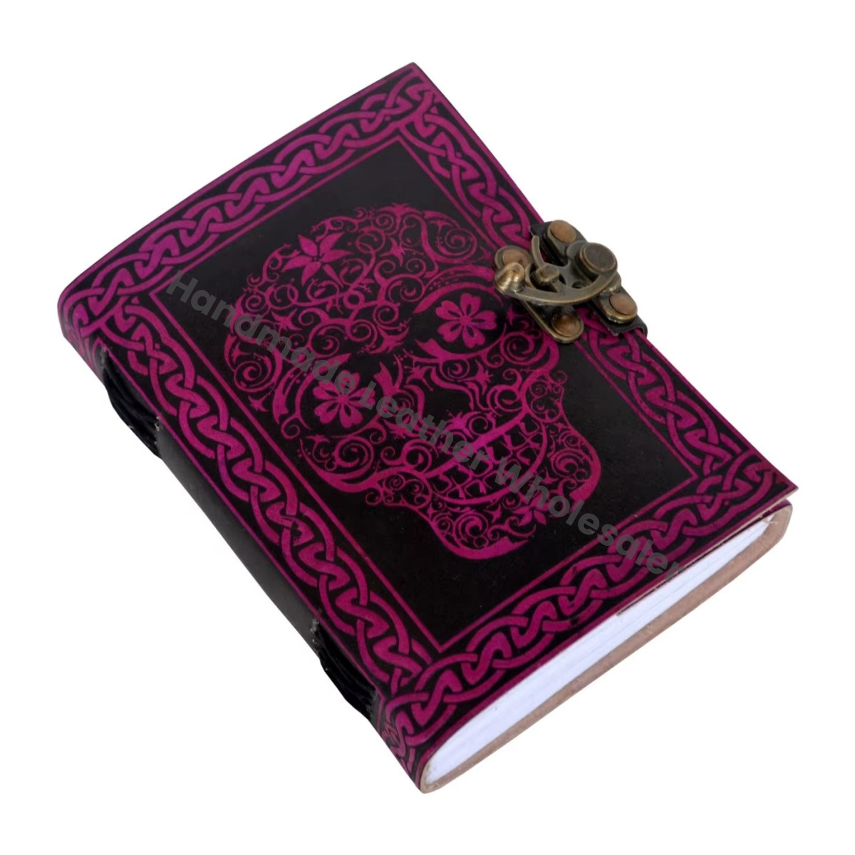 Vintage Handmade Pink with Black Skull Leather Journal Large Book of Spell Notebooks Woman Sketchbook Supplies Diary