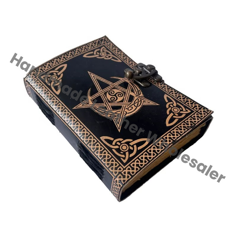 Vintage Journal Embossed Pentagram Leather Antique Book of Spells Charmed Moon Handmade Deckle Edge Paper Black Planner