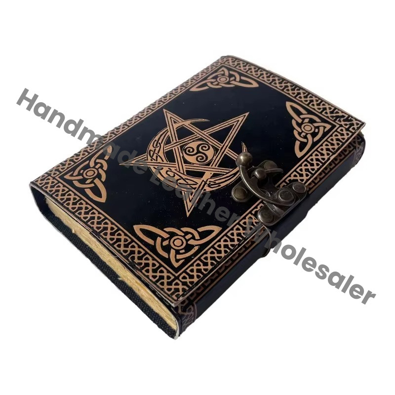 Vintage Journal Embossed Pentagram Leather Antique Book of Spells Charmed Moon Handmade Deckle Edge Paper Black Planner