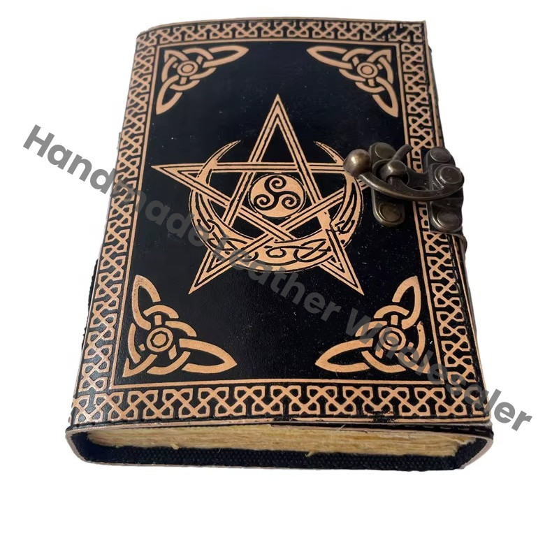 Vintage Journal Embossed Pentagram Leather Antique Book of Spells Charmed Moon Handmade Deckle Edge Paper Black Planner