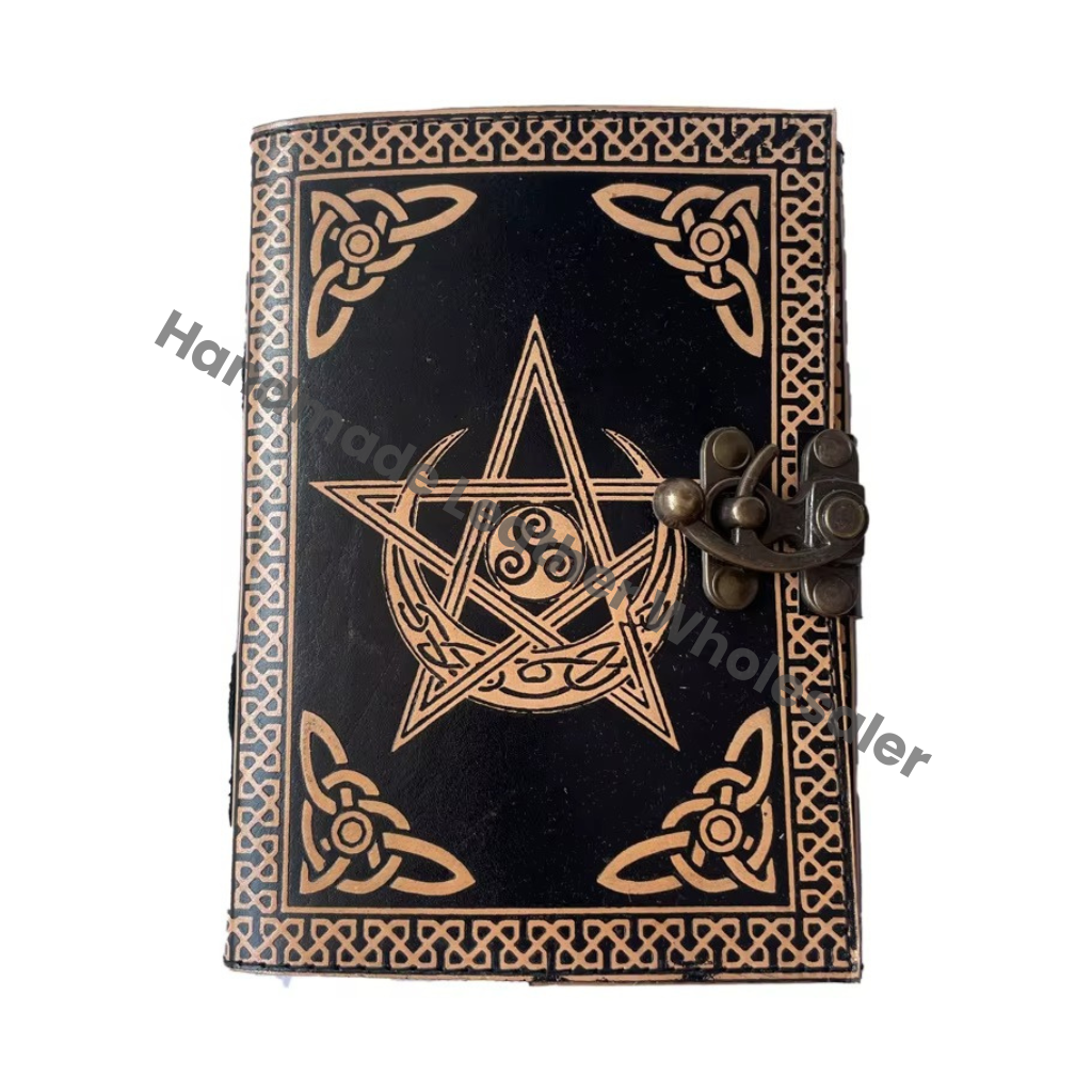 Vintage Journal Embossed Pentagram Leather Antique Book of Spells Charmed Moon Handmade Deckle Edge Paper Black Planner