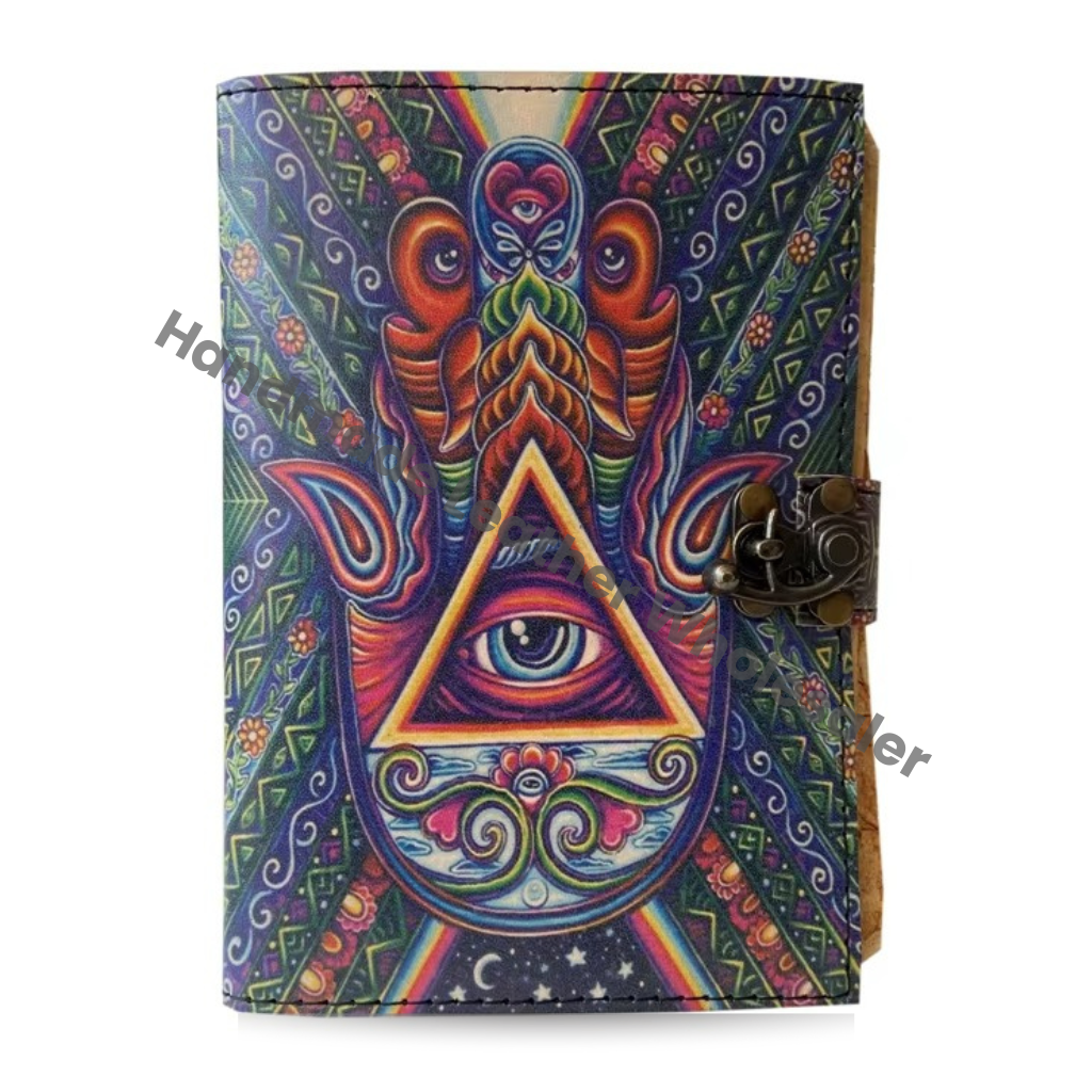 Vintage Journal Grimoire Journal Book of Shadows Journal Blank Deckle Edge Paper Spell Hamsa Hand Goddess Colorful Wiccan Triangle
