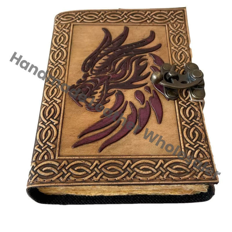 Vintage Leather Book of Spells Dragon DND Celtic Wiccan Journals for Writing Black Handmade Deckle Art Paper Planner Diary