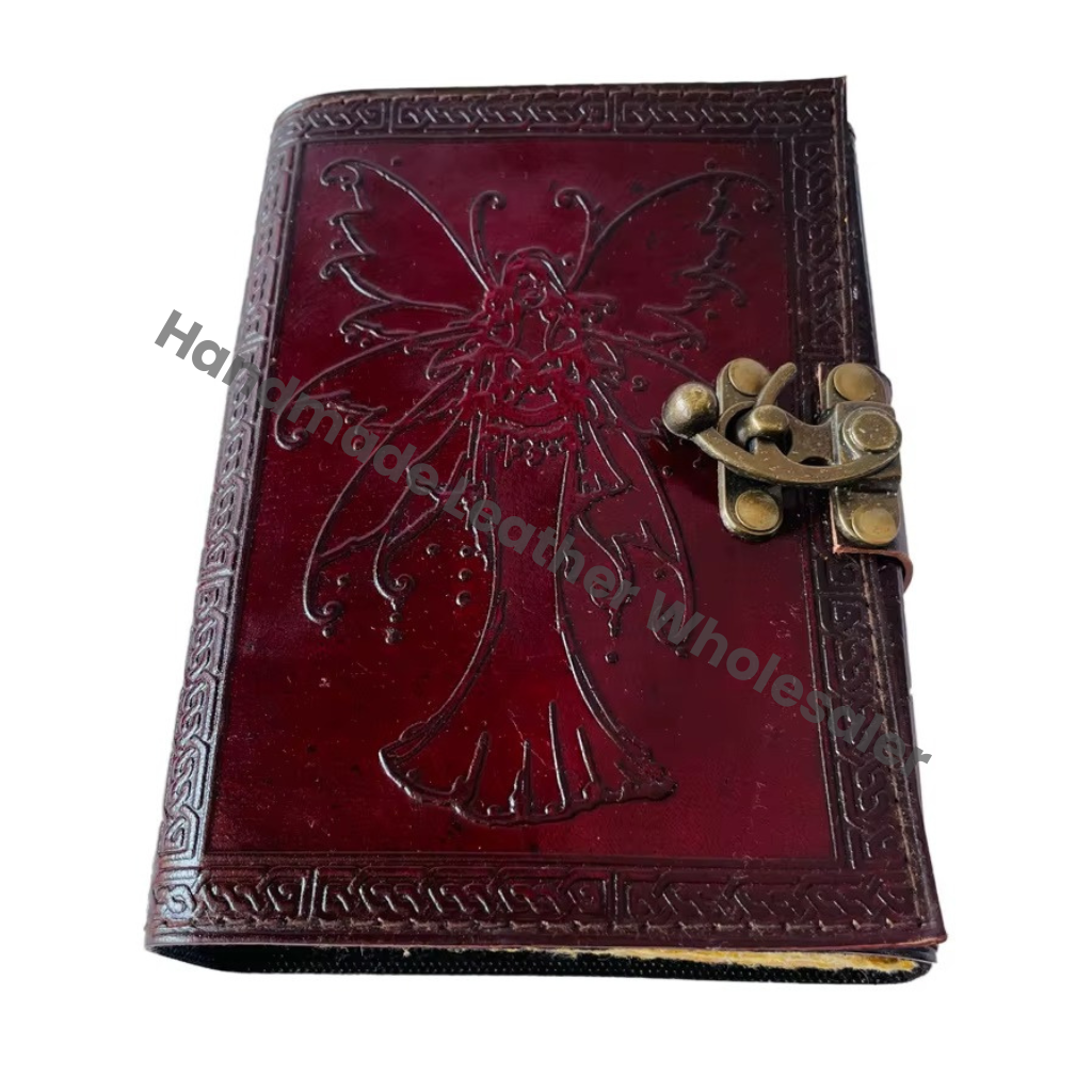 Vintage Leather Book Printed Celtic Wiccan Journals Writing Prop Brown Fairy Women Handmade Embossed Deckle Art Eco-friendly Paper