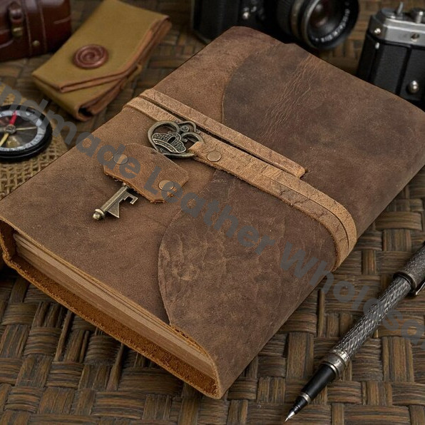 Vintage Leather-Bound Journal with Antique Key | Handmade Rustic Travel Blank Notebook Gift for Writers