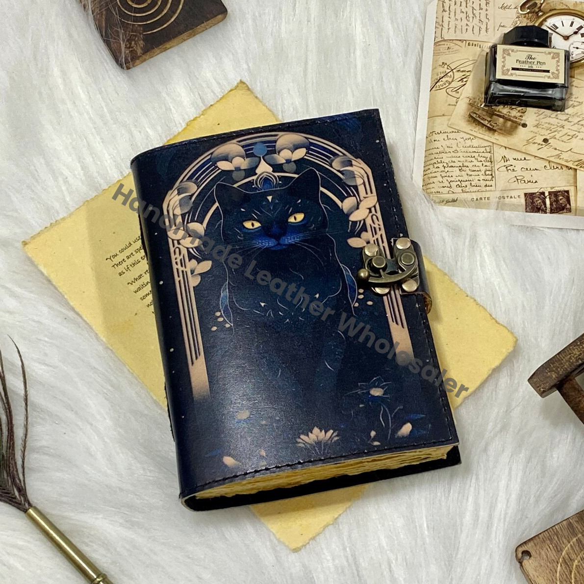 Vintage Leather Cat Journal: Celtic Book of Spells, Handmade Sketchbook