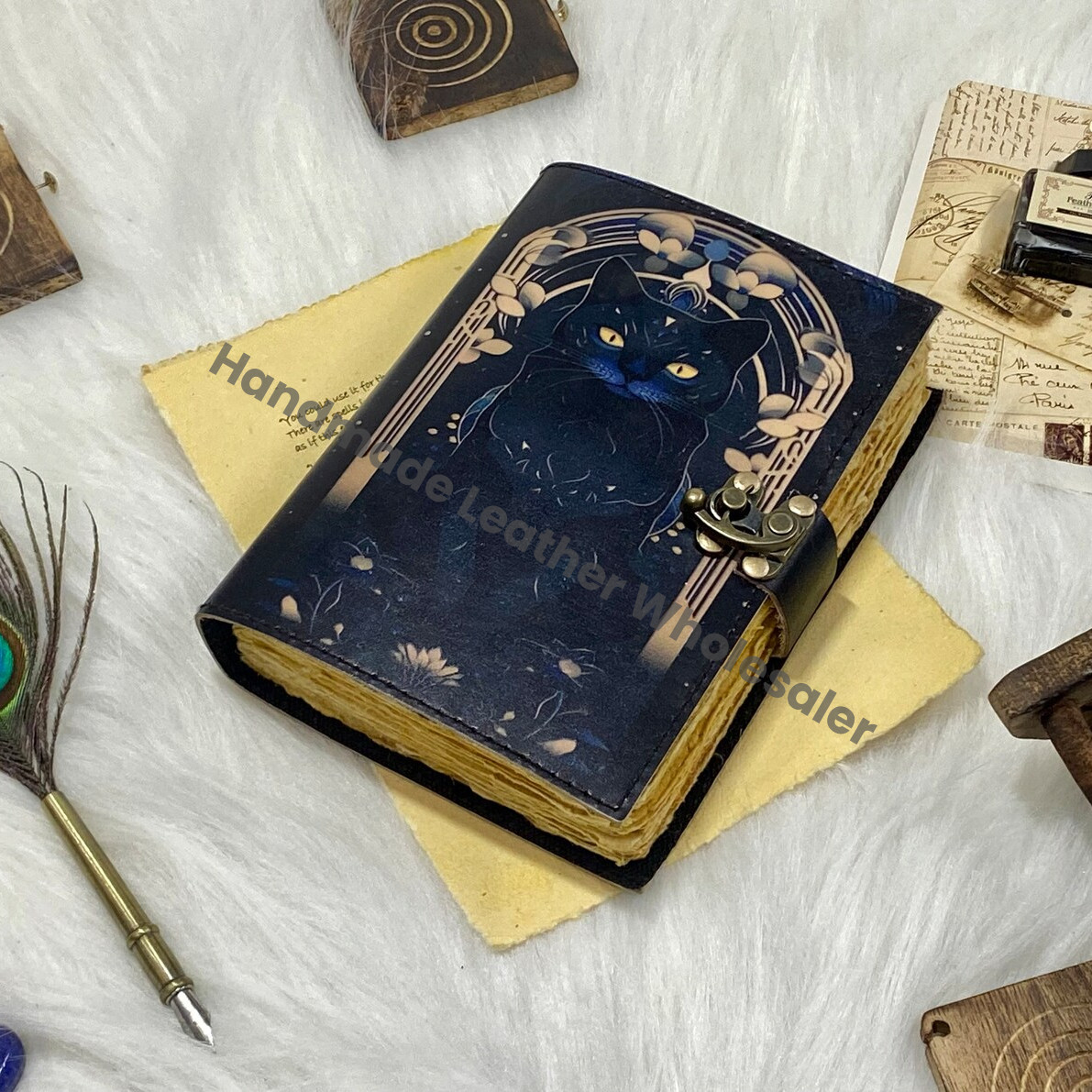 Vintage Leather Cat Journal: Celtic Book of Spells, Handmade Sketchbook