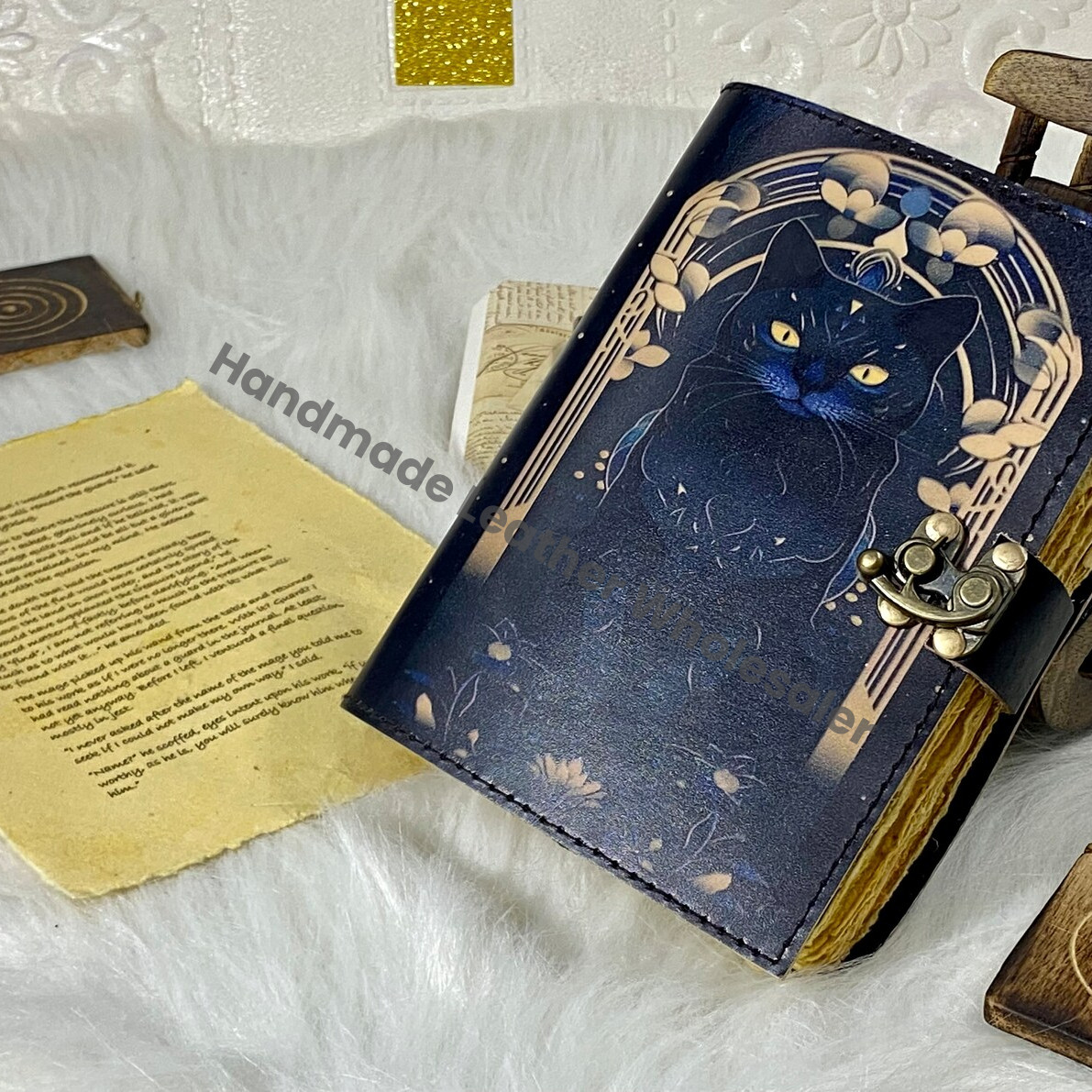 Vintage Leather Cat Journal: Celtic Book of Spells, Handmade Sketchbook