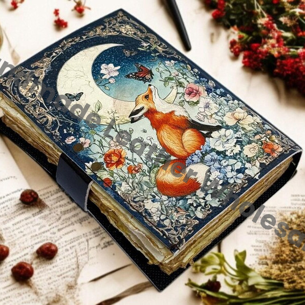 Vintage Leather Grimoire Journal – Book of Shadows, Celestial Fox Witchcraft Spellbook, Wiccan Pagan Gothic Diary, Occult Notebook