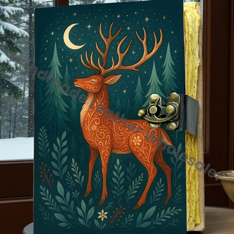 Vintage Leather Journal: Deer Print, Deckle Edge Paper, Book of Shadows Christmas Gift Handmade