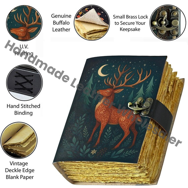 Vintage Leather Journal: Deer Print, Deckle Edge Paper, Book of Shadows Christmas Gift Handmade