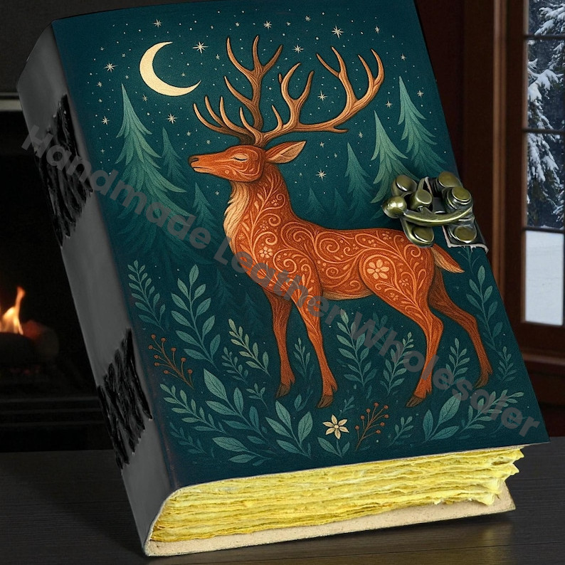 Vintage Leather Journal: Deer Print, Deckle Edge Paper, Book of Shadows Christmas Gift Handmade