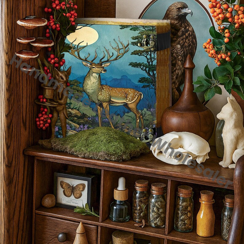 Vintage Leather Journal: Deer Print, Deckle Edge Paper, Book of Shadows new Year Gift.