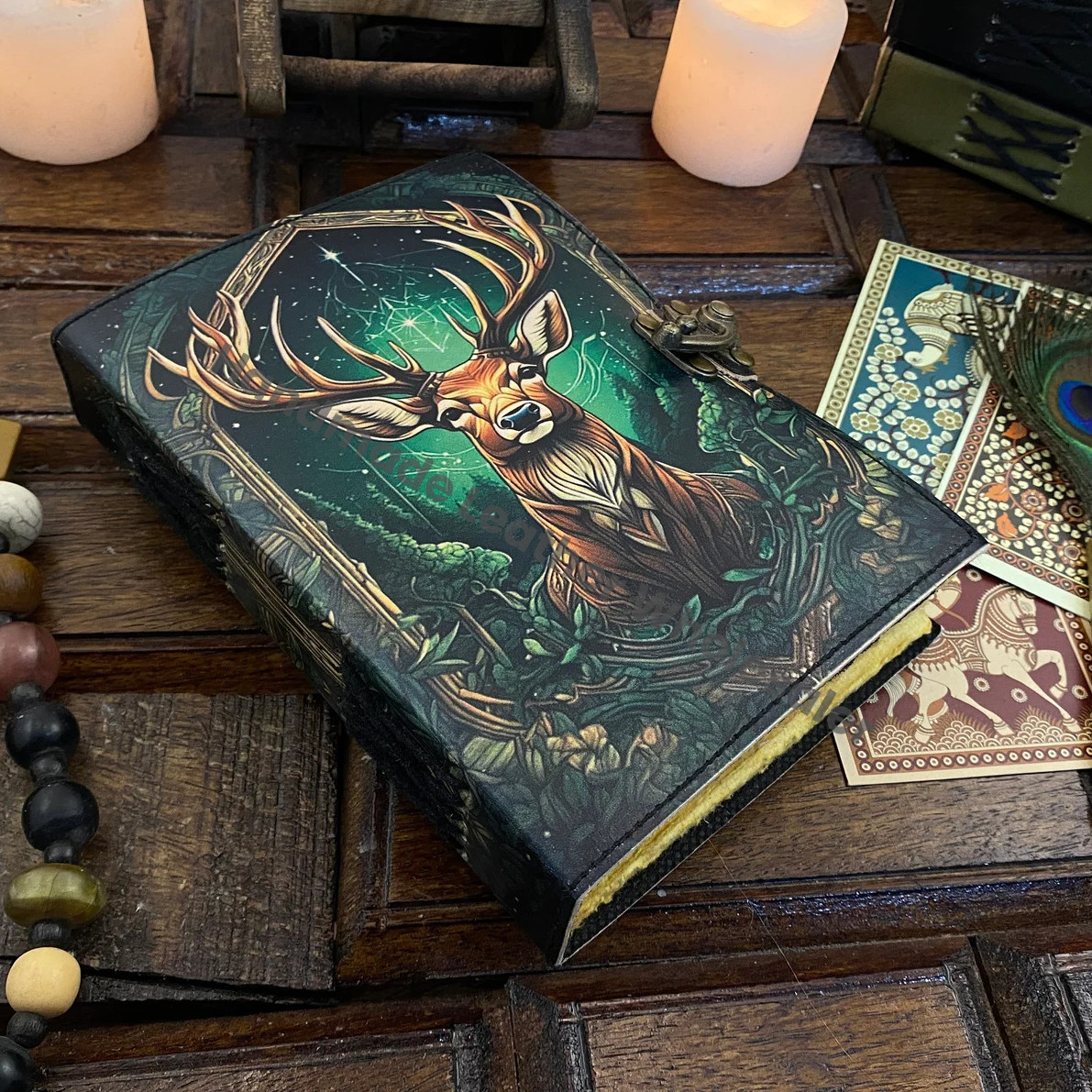 Vintage leather Journal Deer printed Journal Blank spell Book of Shadows Handmade Leather Journal Grimoire Journal with Deckle Edge Paper